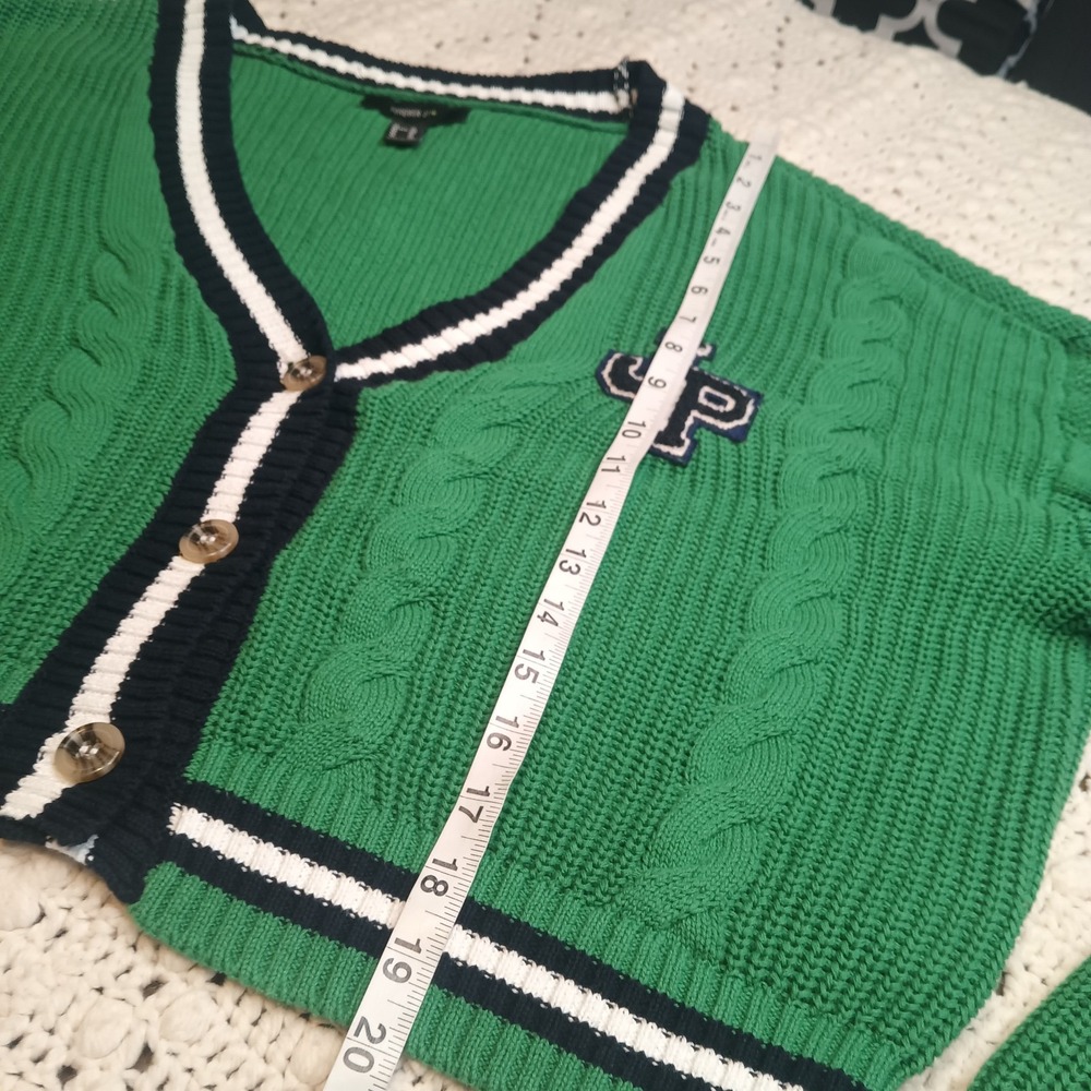 Forever 21 Green Cable Knit 1X Sweater Stripe Academia Varsity‎ Cardigan Prep - Picture 7 of 12